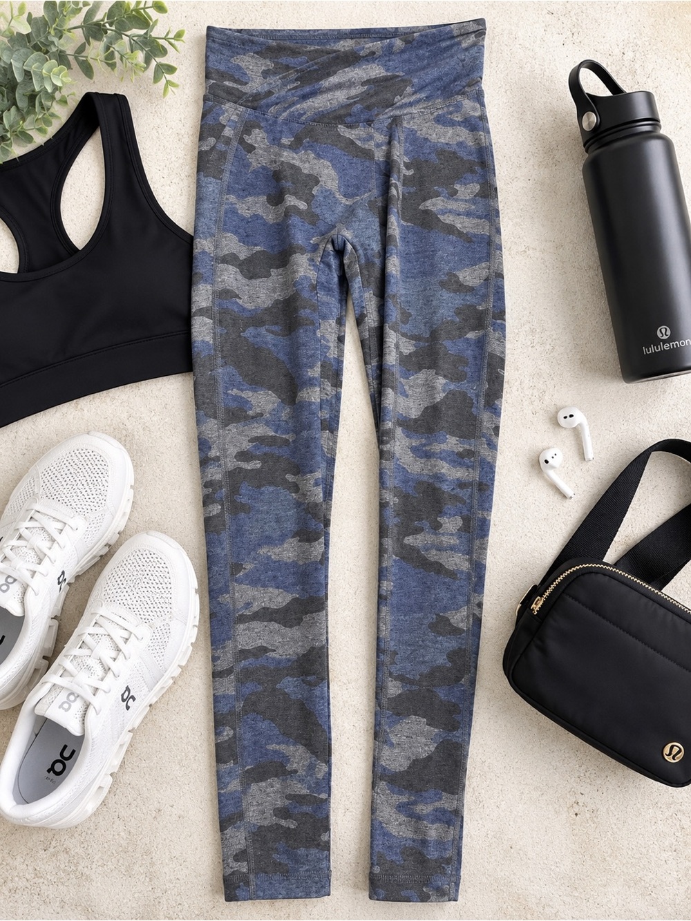 Bombshell Sportswear Blue & Gray Camo High-Rise Leggings with Wide Waistband